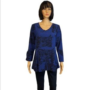 Habitat XS Blue Black Poly Rayon Fleur De Lis Print Tunic Top Blouse V-neck